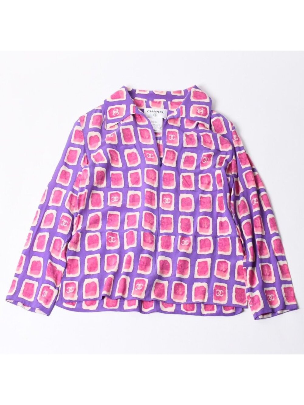 Chanel Zip Up Long Sleeve Silk Shirt CC Logo Coco Cube Purple 36